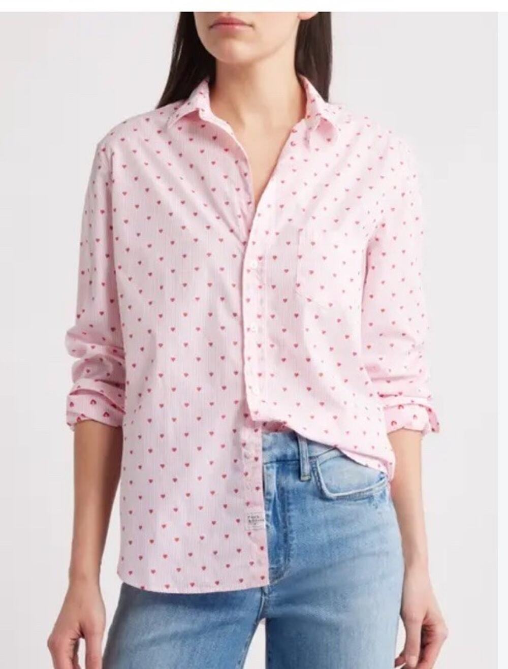 Frank & Eileen Pink Stripe Heart relaxed fit Button Up Shirt S valentines love